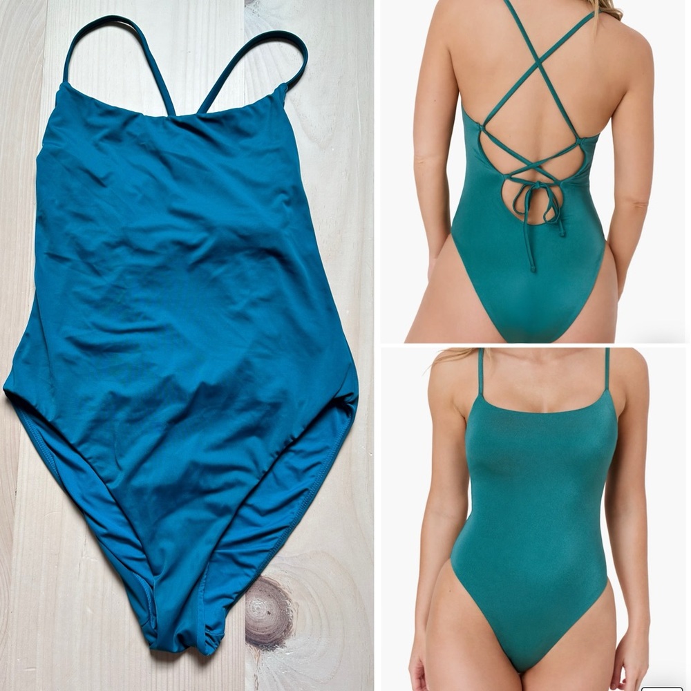 Andie Swim Teal Fiji One Piece lace up back built in bust support medium NWOT